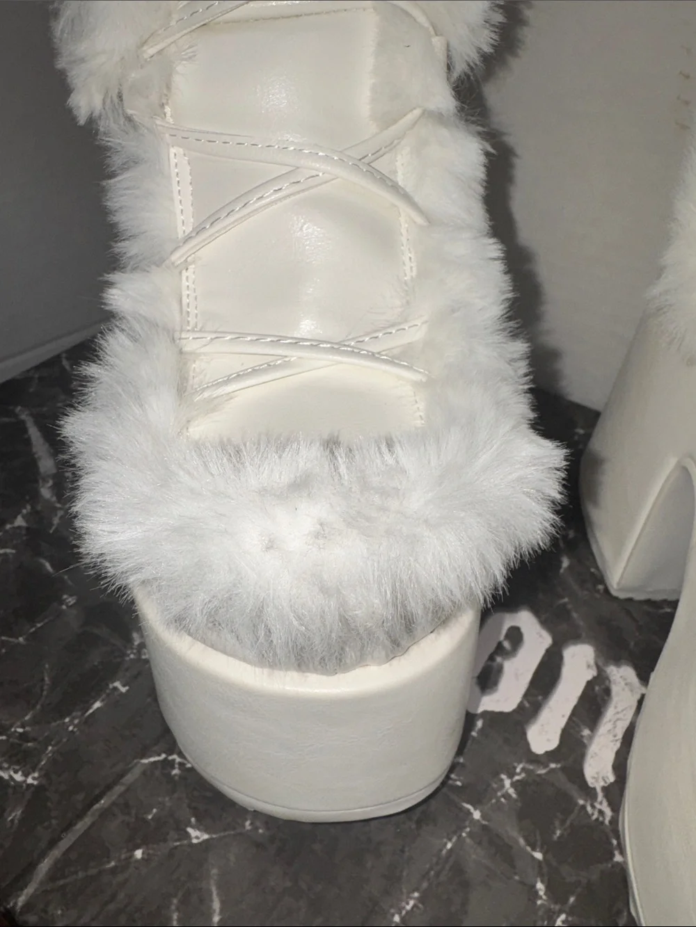 Demonia White Faux-Fur Lace-Up Platform Knee-High Boots with box